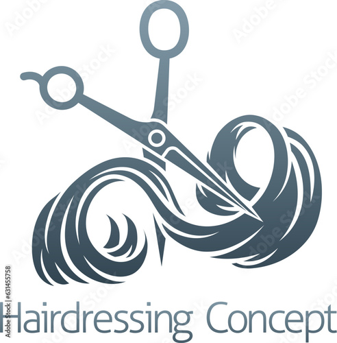 Hairdresser or hair salon concept icon with silhouette hairdressers scissors cutting a long flowing lock of womans hair.