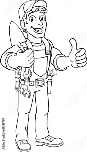 Construction site handyman builder man holding a trowel tool cartoon mascot. Giving a thumbs up