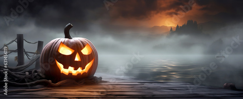 Halloween pumpkin in fog background