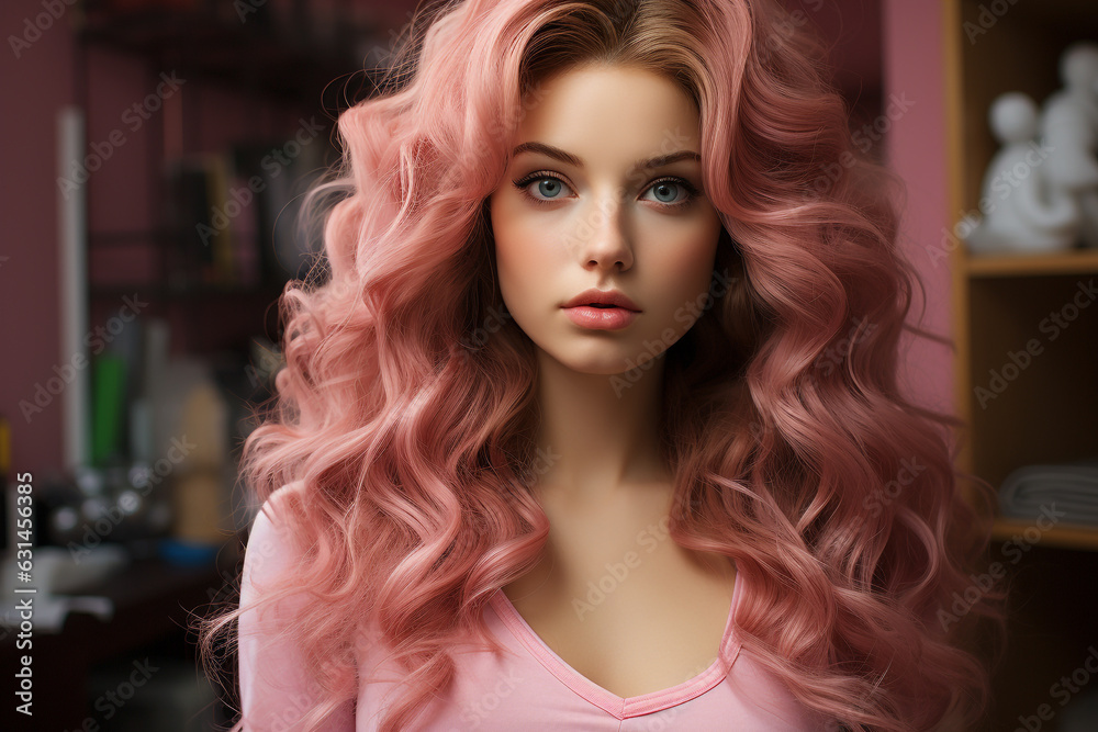 Plastic doll with long pink wavy curly hair