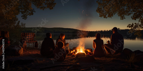 A night scene of a family roasting marshmallows on a campfire under the starlit sky. Glowing embers, a nearby river reflecting the moon, the silhouette of a bear in the background © Marco Attano