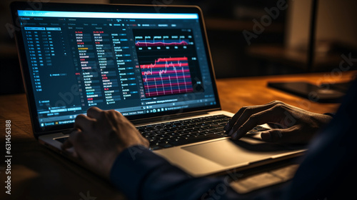 hands typing on a laptop with a budget spreadsheet visible on the screen, and a calculator and glasses at the side, moody lighting with the focus on the laptop and the hands