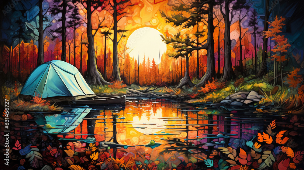 Dreamlike tent setup at the edge of a tranquil forest lake, surreal hues, fluid acrylic pour style, mesmerizing patterns, a sense of solitude and peace, high - resolution image, palette knife texture