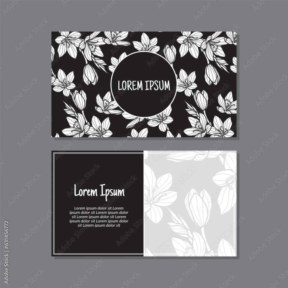 Business card template, flowers and leaves seamless pattern vector design. Double-sided creative business card template. Landscape orientation. Vector illustration. Business card template, flowers and leaves seamless pattern vector design. Double-sided creative business card template. Landscape orientation. Vector illustration.