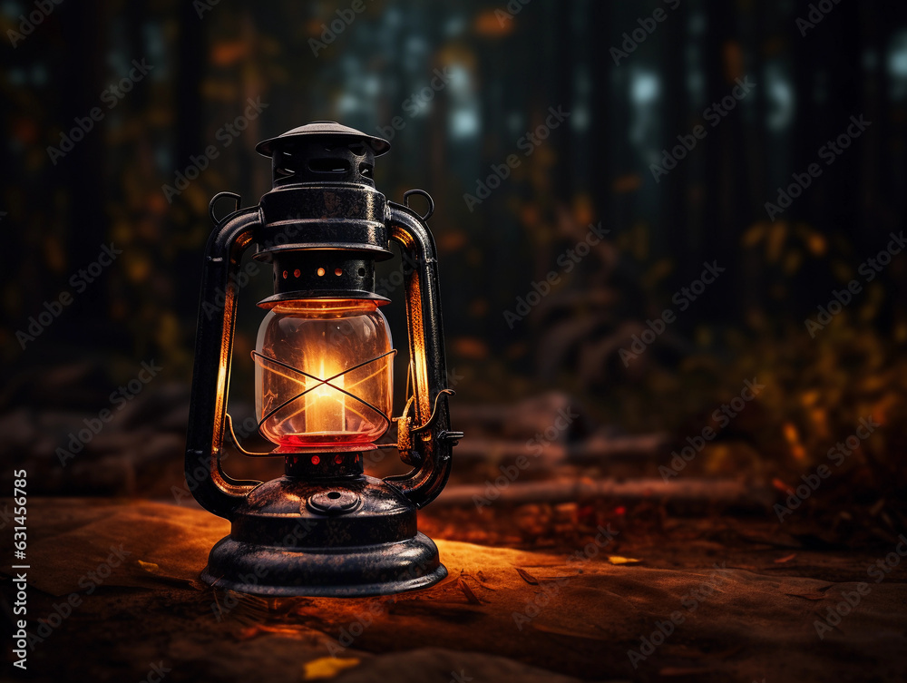 a vintage lantern, illuminated in the heart of the wilderness, glowing warmly against the cool night tones, high contrast, chiaroscuro, detailed texture