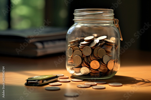 a retirement savings jar filled with coins on a vintage wooden desk, calendar and glasses in the background, natural light from the side