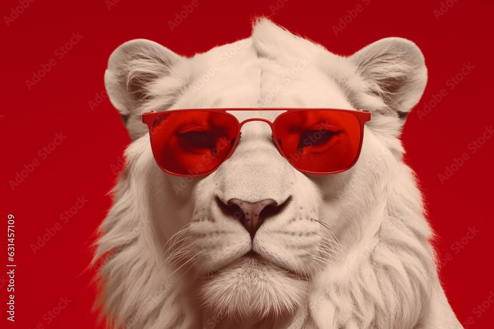 A visually striking artistic photo featuring a white lion with red sunglasses, set against a captivating red background. Ai generated A visually striking artistic photo featuring a white lion with red sunglasses, set against a captivating red background. Ai generated