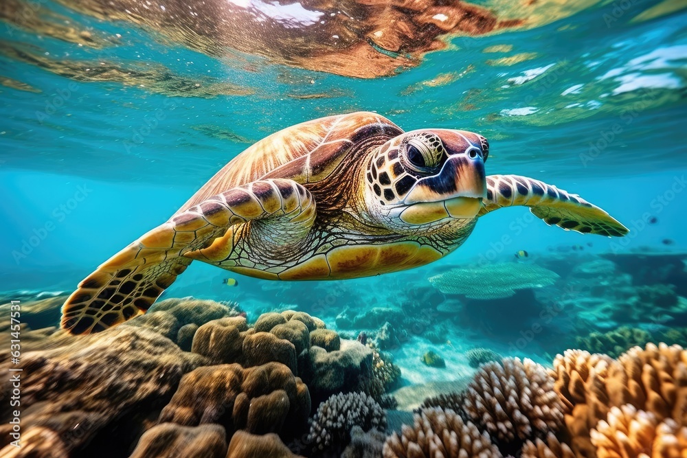 Fototapeta premium Under water sea turtle. Diving scene of turtle undersea. Generative AI