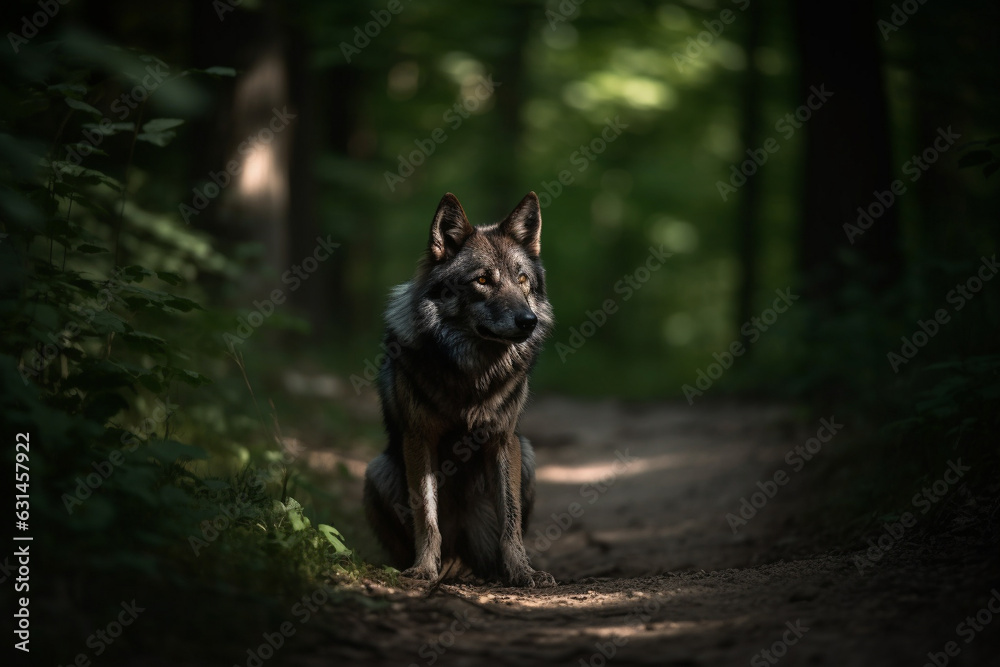 Fototapeta premium Encounter the awe inspiring presence of a big, scary, and majestic lone wolf traversing a forest path or trail, exuding untamed wilderness. Ai generated