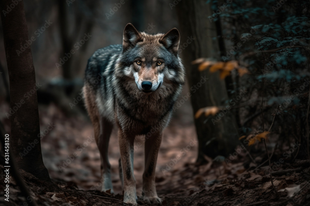 Obraz premium Encounter the awe inspiring presence of a big, scary, and majestic lone wolf traversing a forest path or trail, exuding untamed wilderness. Ai generated