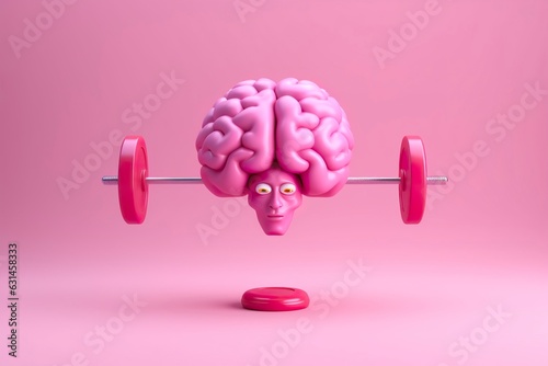 Human brain lifting weights. 3D brain lifting a heavy dumbbell. Mind training, memory health, Alzheimer's prevention, brain training, education, study and menthal health concept. photo