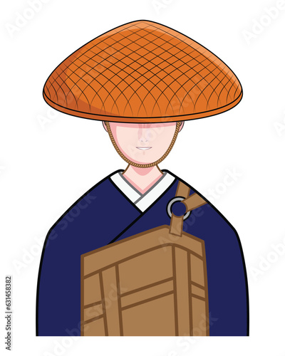 Art of Priest or Buddhist monk dress with straw hat drawing in colorful cartoon vector