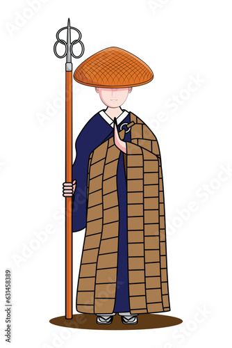 Priest or Buddhist monk dress with straw hat and large cane or stave drawing in colorful cartoon vector