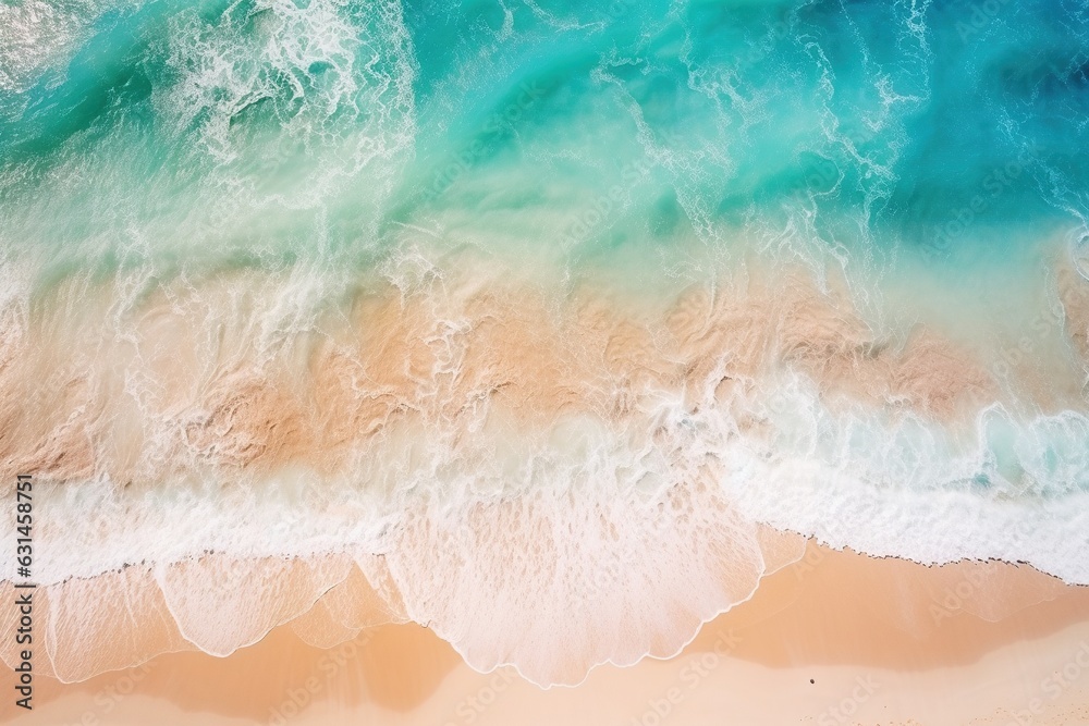 Relaxing aerial beach scene, summer vacation holiday template banner. Waves surf with amazing blue ocean lagoon, sea shore, coastline. Perfect aerial drone top view.  Ai Generative