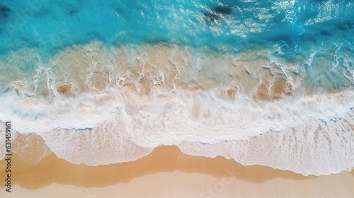 Relaxing aerial beach scene, summer vacation holiday template banner. Waves surf with amazing blue ocean lagoon, sea shore, coastline. Perfect aerial drone top view. Ai Generative