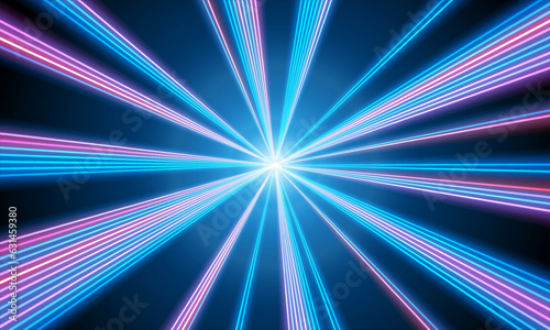 Neon Laser show with star beams, Laser abstract background blue pink lines moving out. the rays of the star scatter in different directions with bright lights in the center, the rays from the middle