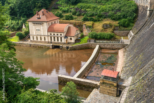 Dam on the Labe river, part of the Les Kralovstvi reservoir in Bílá Třemešná, Czech Republic