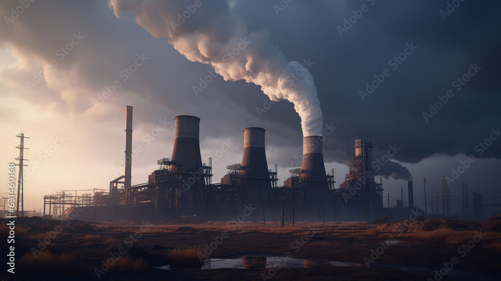 Heavy industrial factory polluting ecological disaster. Dirty air smoke. Generative AI