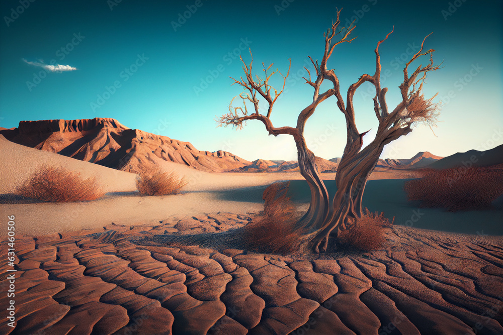Hot weather in summer, cracked and broken the soil in agricultural areas. There is a drought and death of trees and plants. All natural water sources is dry, dead tree stump on hills and dry tree sky - obrazy, fototapety, plakaty 