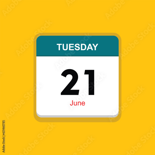 june 21 tuesday icon with yellow background, calender icon