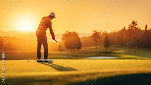 A male golfer playing golf on the course at sunset. Generative Ai