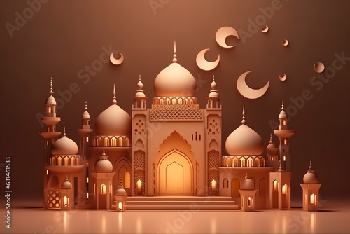 illustration of eid Mubarak night with light of a lamp, paper style, luxury happy Eid background. photo