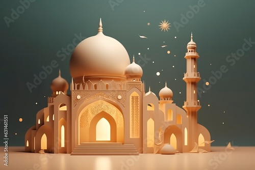 illustration of eid Mubarak night with light of a lamp, paper style, luxury happy Eid background. photo