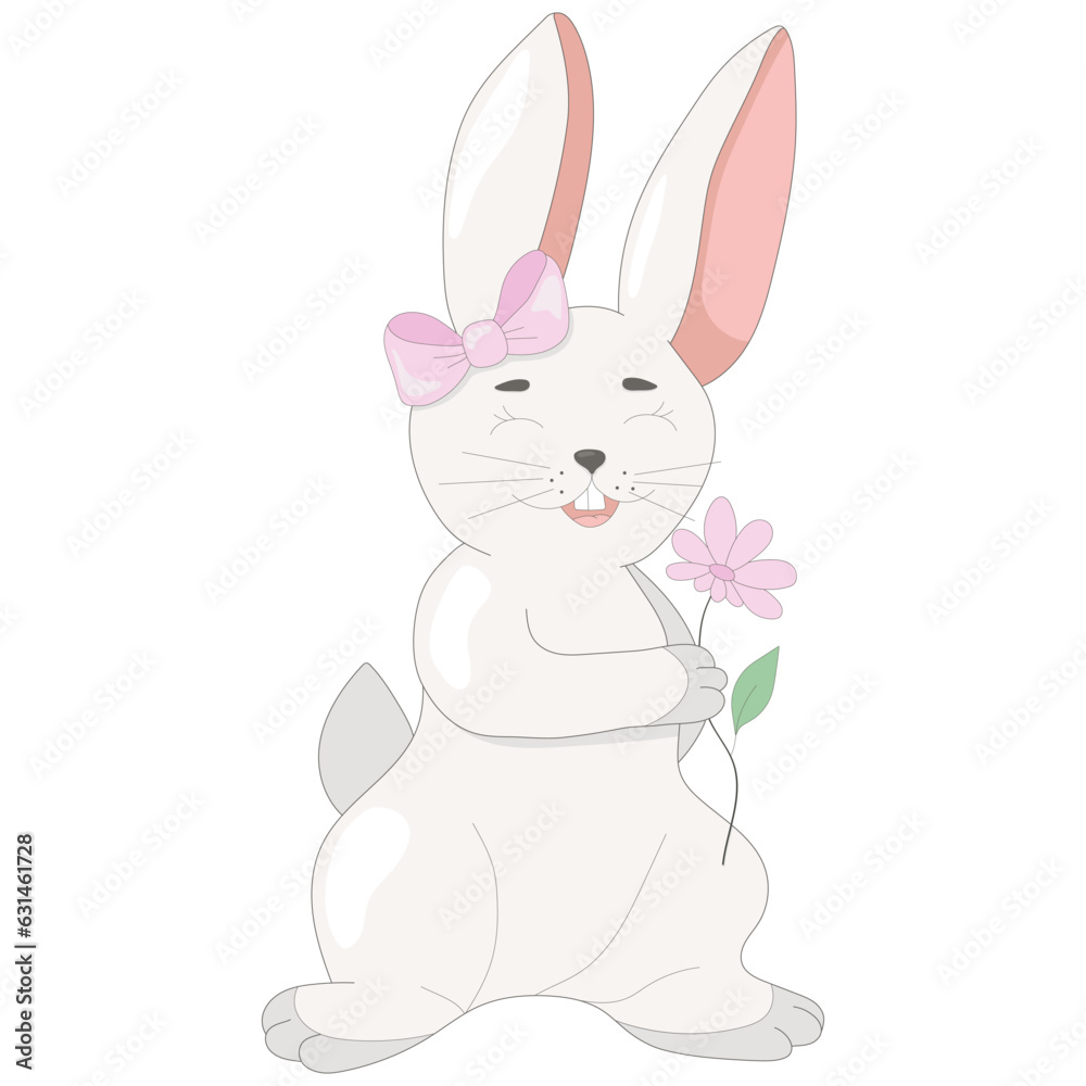 Cute bunny girl with a bow and a flower on a white background. Vector illustration. Beautiful animal. Cute bunny girl with a bow and a flower on a white background. Vector illustration. Beautiful animal.