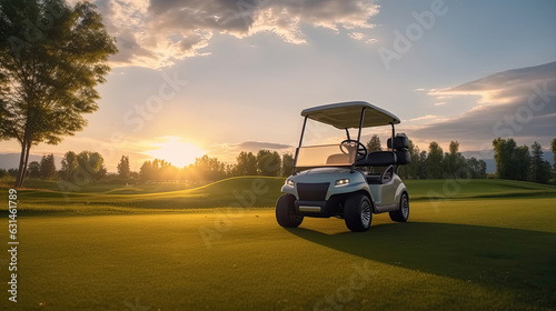 A Golf car, Golf cart car in fairway of golf course with fresh green grass field and cloud sky and tree at sunset. Generative Ai