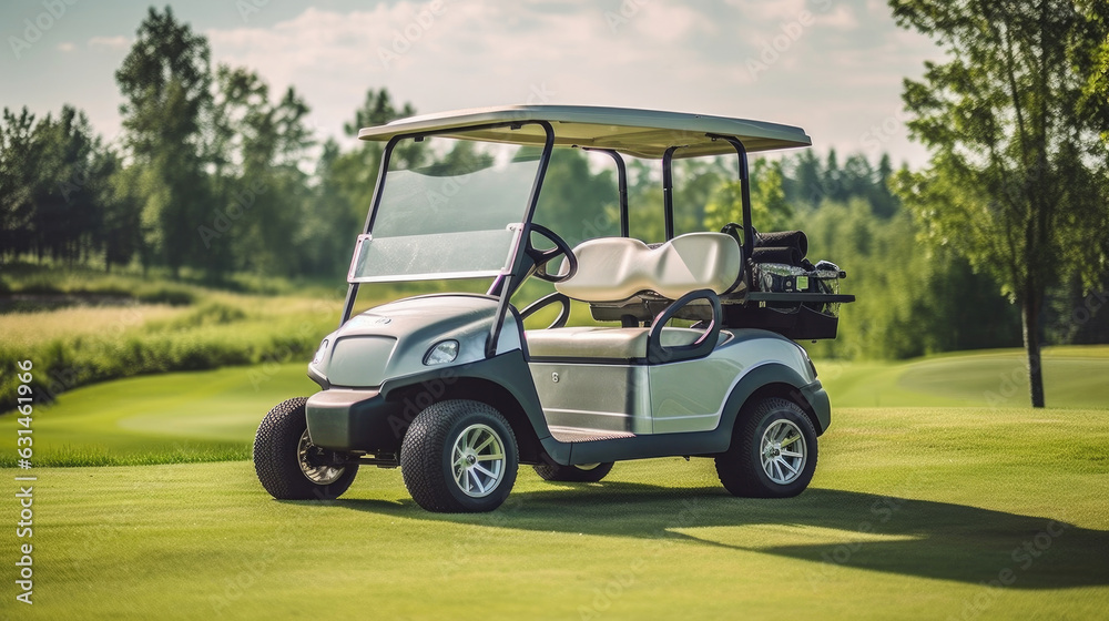 A Golf car, Golf cart or car on golf course. Equipment and bag are put in ready for golfer to player in field. Generative Ai