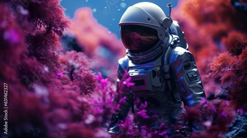 Astonaut in an alien world among colourful plants, Generative AI photo