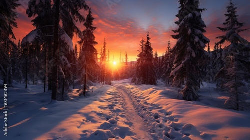 Sunset in the wood in winter period Generative AI