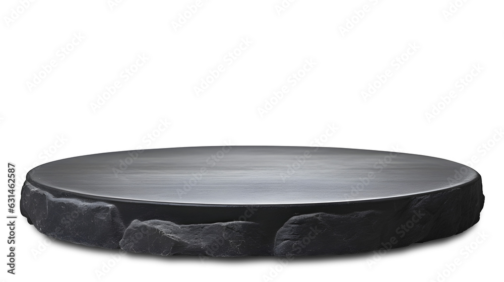Empty round black stone podium top isolated on transparent, background, for montage product display, (png files), Generative AI. Empty round black stone podium top isolated on transparent, background, for montage product display, (png files), Generative AI.