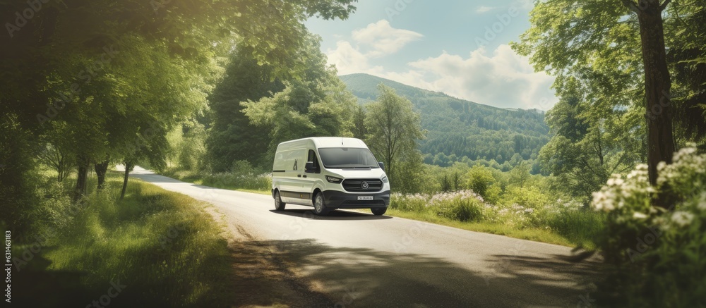 A white delivery van is driving on a countryside road during summertime, surrounded by green