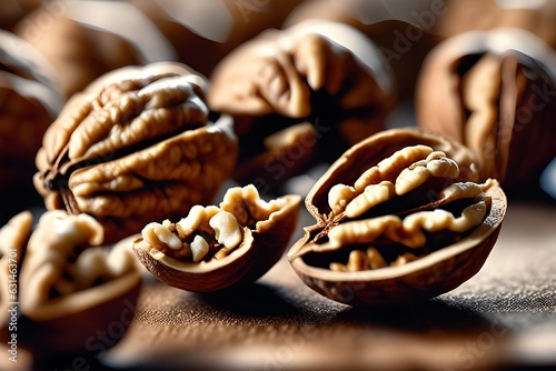 Nutty Abundance: Pile of Walnut Halves and Walnut Shells. Generative AI