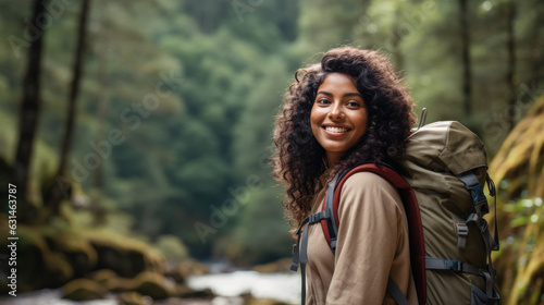 Portrait of woman hiker ready for a long trek through a forest. AI Generated.
