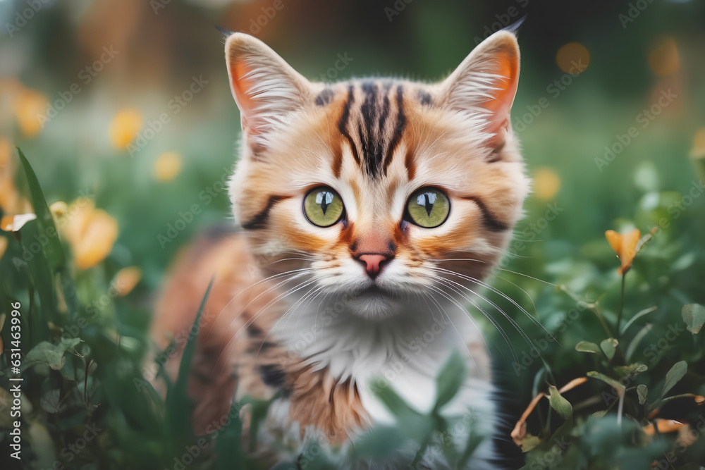 Realistic photo of a cute cat in the garden