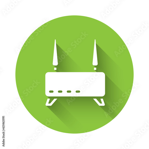 White Router and wi-fi signal icon isolated with long shadow background. Wireless ethernet modem router. Computer technology internet. Green circle button. Vector