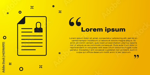 Black Resume icon isolated on yellow background. CV application. Searching professional staff. Analyzing personnel resume. Vector