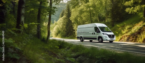 A white delivery van is driving on a countryside road during summertime, surrounded by green