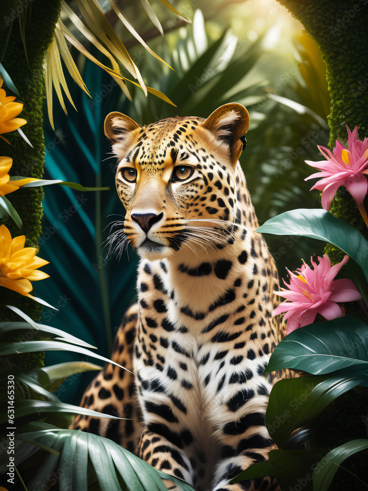 Fototapeta premium Photography portrait of Leopard in lush jungle with flowers