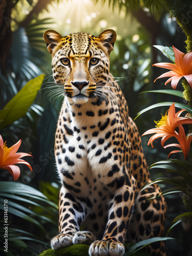 Photography portrait of Leopard in lush jungle with flowers