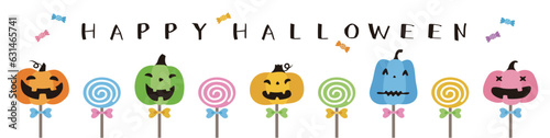 ハロウィンのカラフルなお化けカボチャとペロペロキャンディー