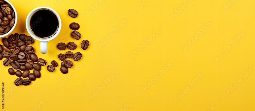 Obraz premium A yellow background with two cups of coffee and a coffee bean emoticon - perfect for adding