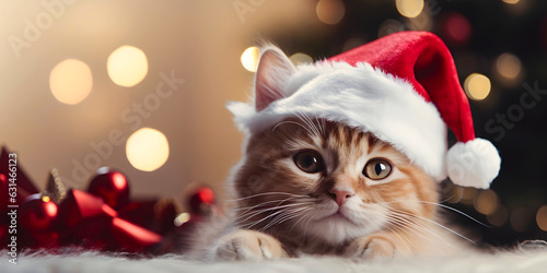 Canvas Print Cute ginger cat in Santa Claus hat on bokeh christmas background
