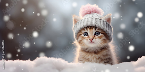 Wallpaper Mural Cute little kitten in winter hat on snow background with copy space
