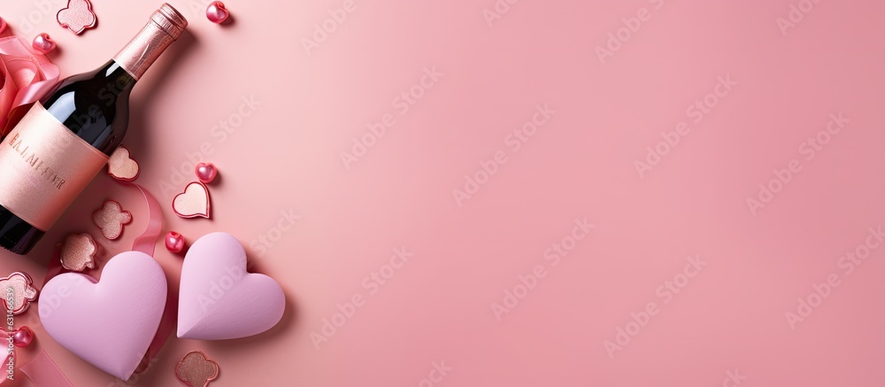 A pink background with a valentines day greeting card featuring a champagne bottle, two glasses,