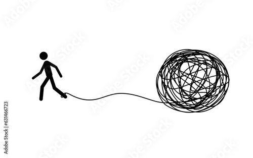 A man walking out of black yarn tangled in a mess, anxiety and depression concept.	