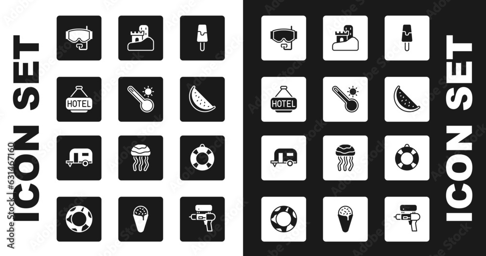 Set Ice cream, Meteorology thermometer, Signboard with text Hotel, Diving mask, Watermelon, Sand castle, Lifebuoy and Rv Camping trailer icon. Vector