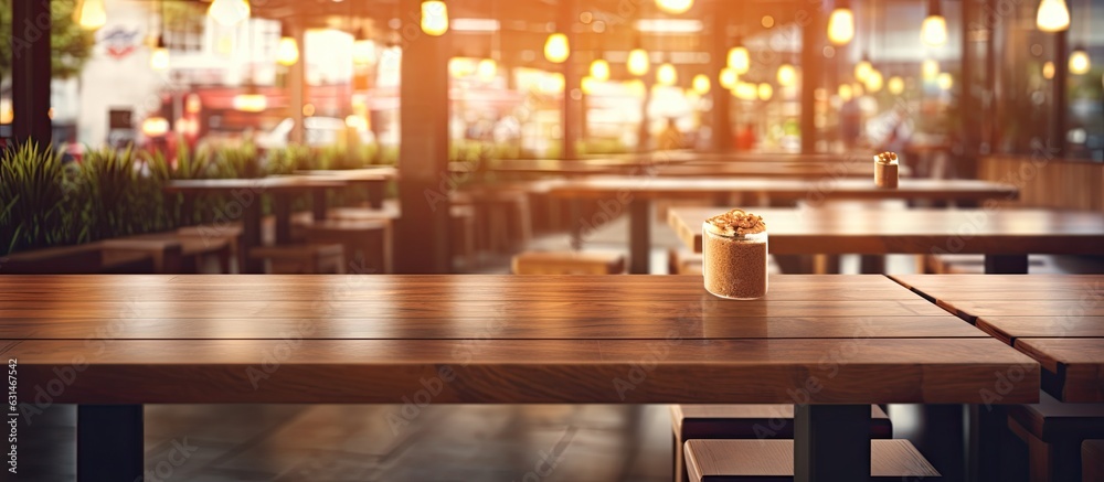 Background Image Of Empty Food Court Interior With Wooden Tables And Warm Cozy Light Setting,